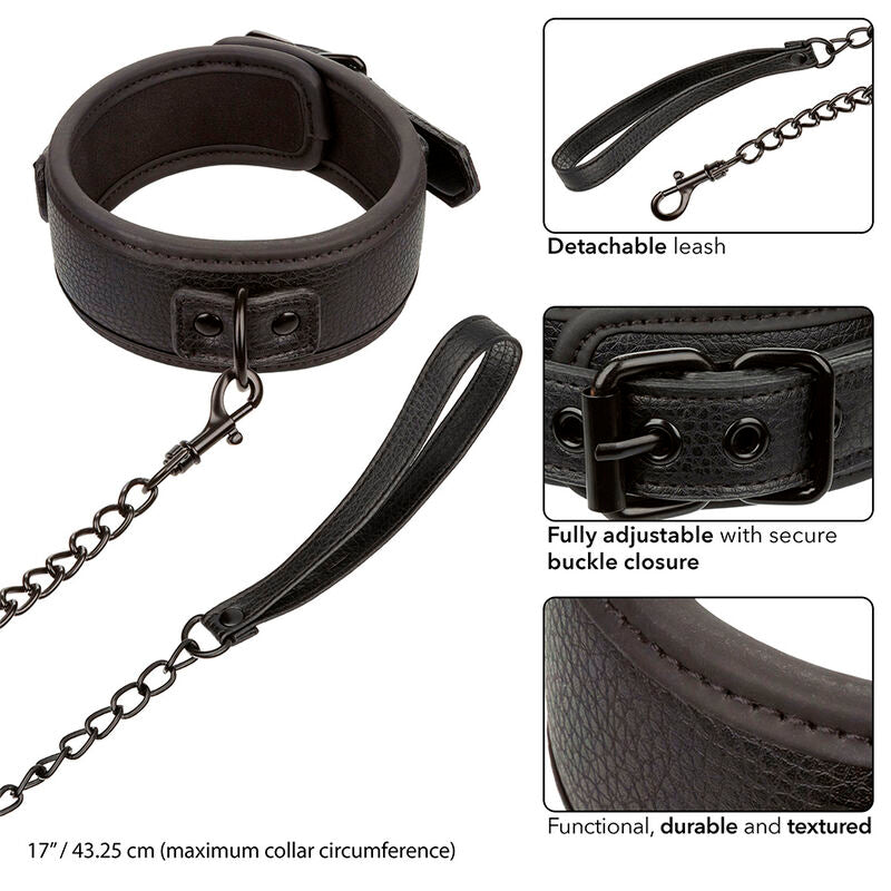 Calexotics Nocturnal Collar & Leash Leather Adjustable Black