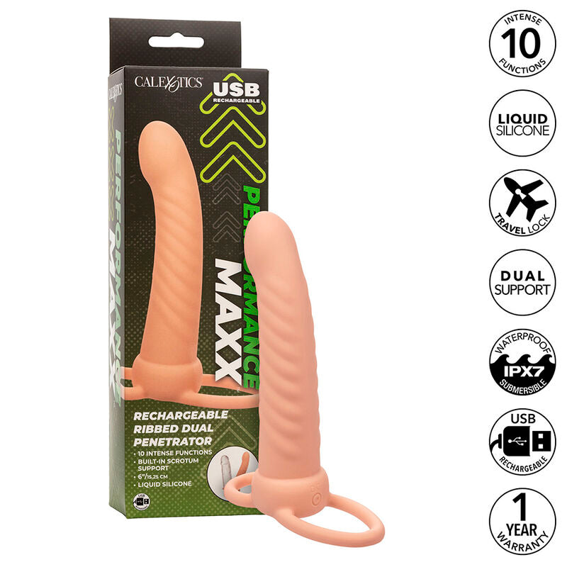 Calexotics Maxx Ribbed Dual Penetrator 10 Vibrations Flesh