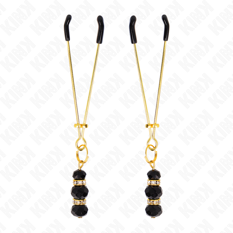 Kink Nipple Grip Kink - Gold Thin Nipple Clamps With 3 Black Glass Beads 7 Cm