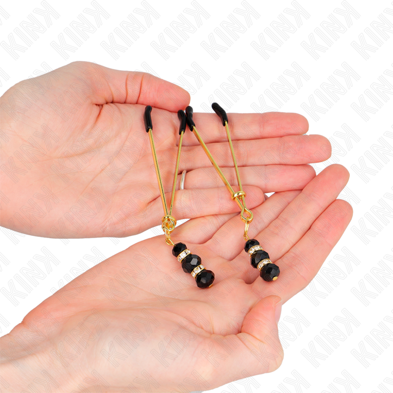 Kink Nipple Grip Kink - Gold Thin Nipple Clamps With 3 Black Glass Beads 7 Cm