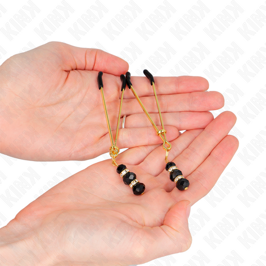 Kink Nipple Grip Kink - Gold Thin Nipple Clamps With 3 Black Glass Beads 7 Cm
