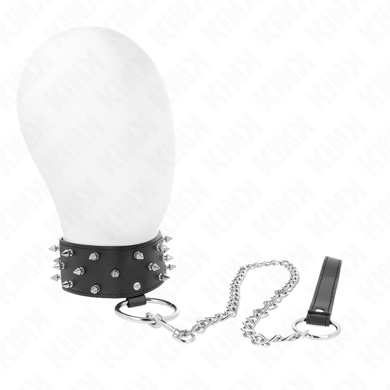 Kink Collar & Gag Kink - Necklace With Leash 65 Cm With Silver Studs Model 5 Adjustable 36-43 Cm X 5 Cm