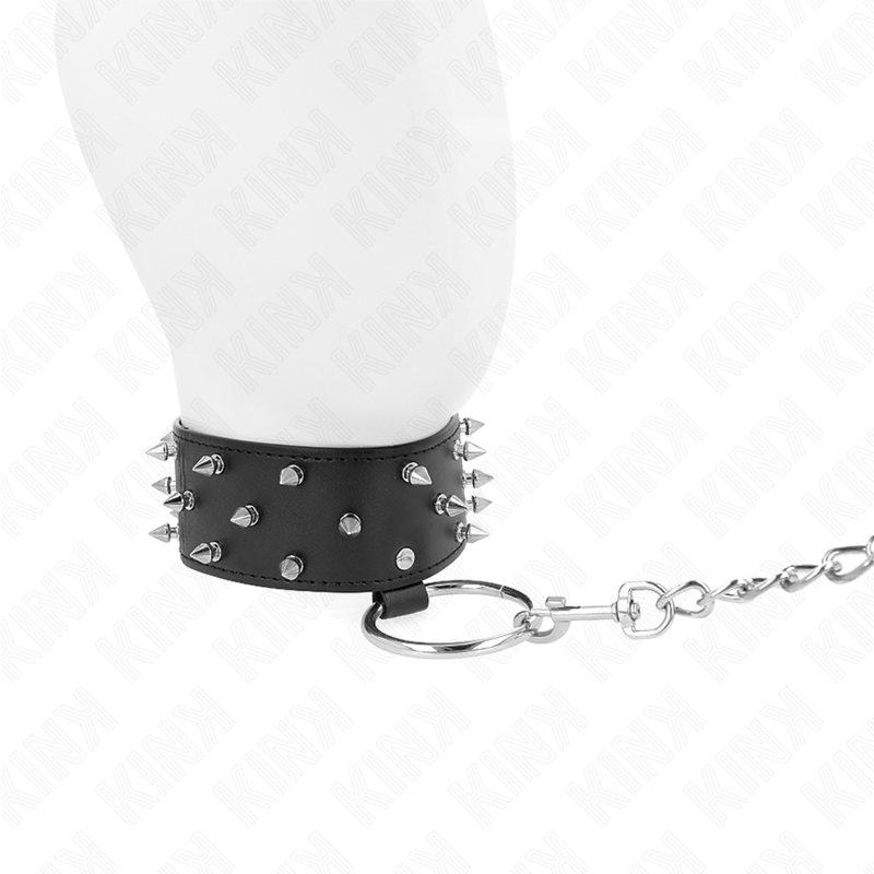 Kink Collar & Gag Kink - Necklace With Leash 65 Cm With Silver Studs Model 5 Adjustable 36-43 Cm X 5 Cm