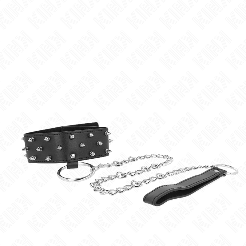 Kink Collar & Gag Kink - Necklace With Leash 65 Cm With Silver Studs Model 5 Adjustable 36-43 Cm X 5 Cm