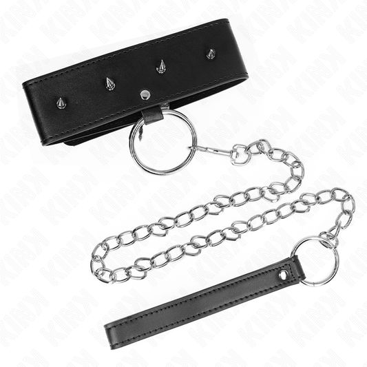 Kink Collar & Gag Kink - Necklace 65 Cm With Leash With Silver Studs Model 2 Adjustable 36-43 Cm X 5 Cm