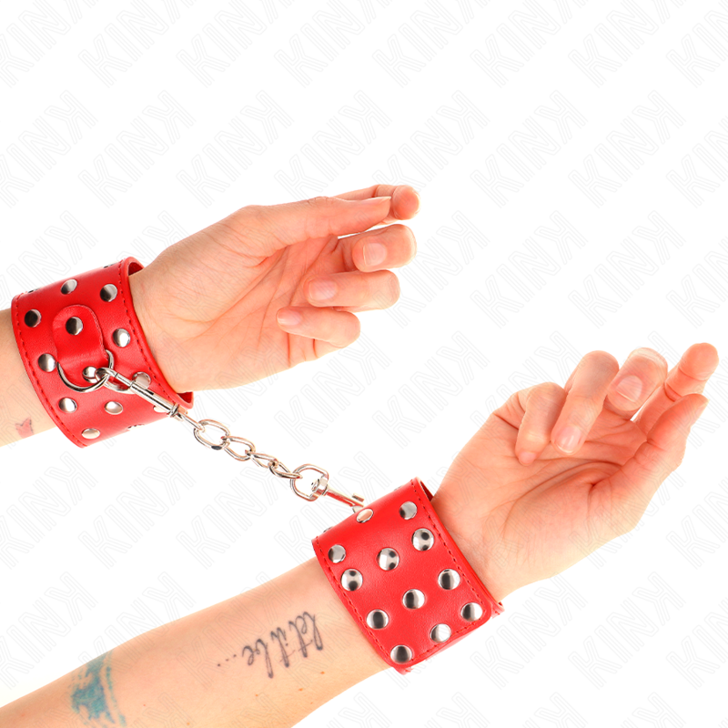 Kink Wrist Restraint Kink - Wrist Restraints With Snap Fasten Full Of Rivets Red Adjustable 19-24 Cm X 5.5 Cm