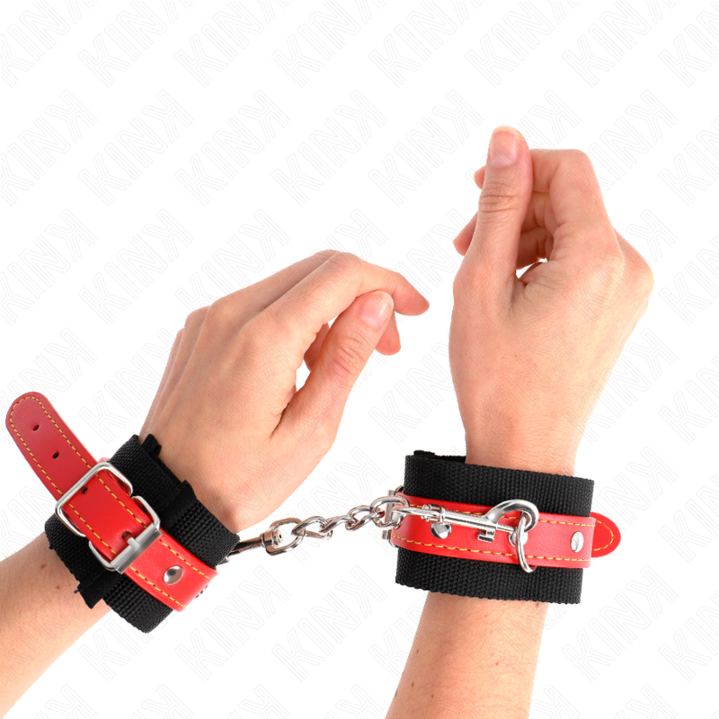 Kink Wrist Restraint Kink - Nylon Wrist Restraints Black With Leatherette Red Adjustable 19-24 Cm X 5.5 Cm