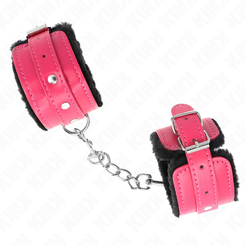 Kink Wrist Restraint Kink - Premium Fur Lined Wrist Restraints Black With Raspberry Rose Belt Adjustable 17-29 Cm X 6 Cm