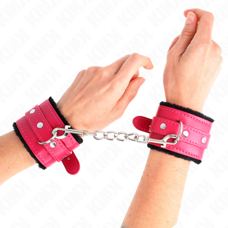 Kink Wrist Restraint Kink - Premium Fur Lined Wrist Restraints Black With Raspberry Rose Belt Adjustable 17-29 Cm X 6 Cm