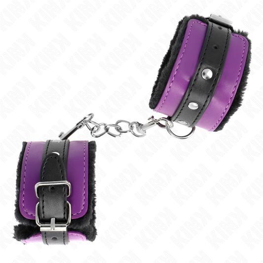 Kink Wrist Restraint Kink - Premium Fur Lined Wrist Restraints Black With Purple / Black Belt Adjustable 17-29 Cm X 6 Cm