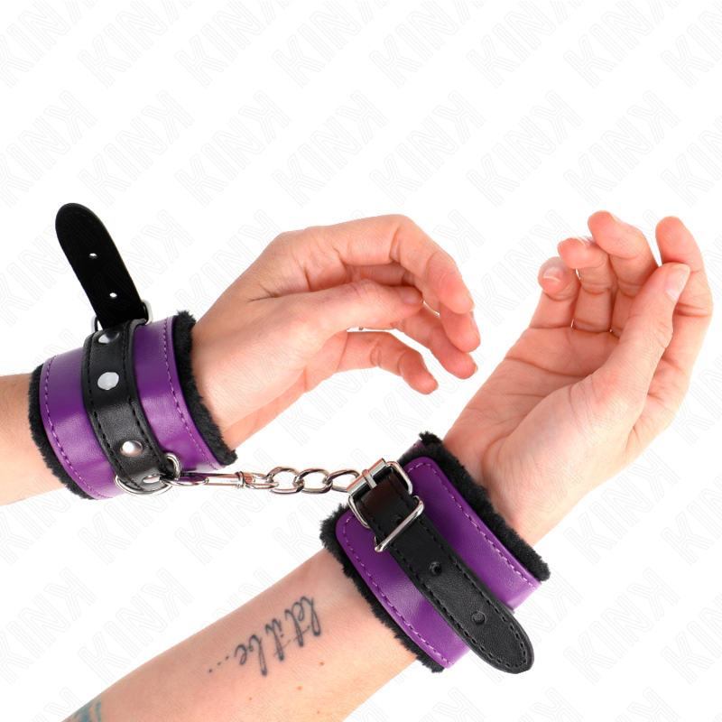 Kink Wrist Restraint Kink - Premium Fur Lined Wrist Restraints Black With Purple / Black Belt Adjustable 17-29 Cm X 6 Cm