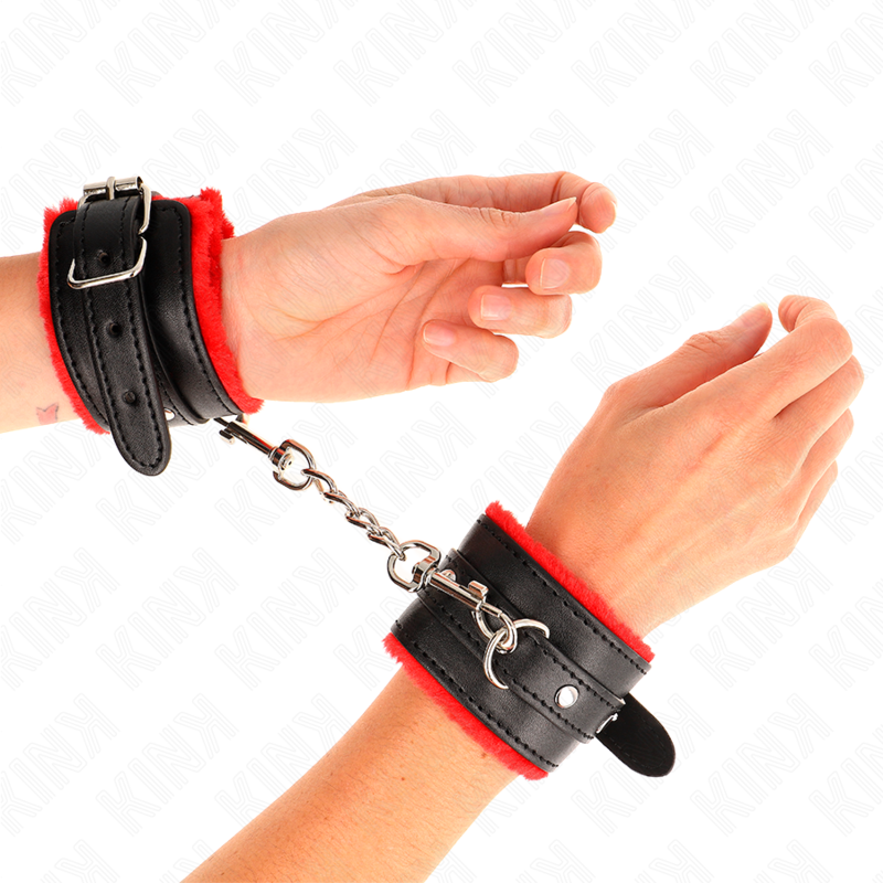 Kink Wrist Restraint Kink - Premium Fur Lined Wrist Restraints Red With Black Belt Adjustable 17-29 Cm X 6 Cm