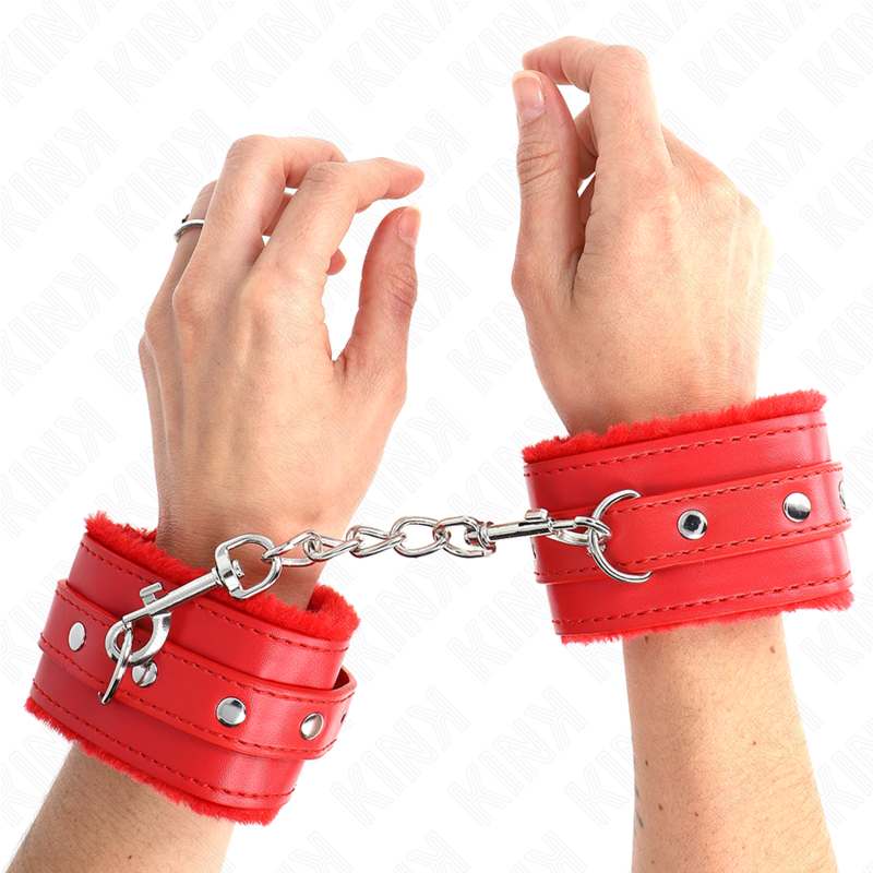 Kink Wrist Restraint Kink - Premium Fur Lined Wrist Restraints Red With Red Belt Adjustable 17-29 Cm X 6 Cm