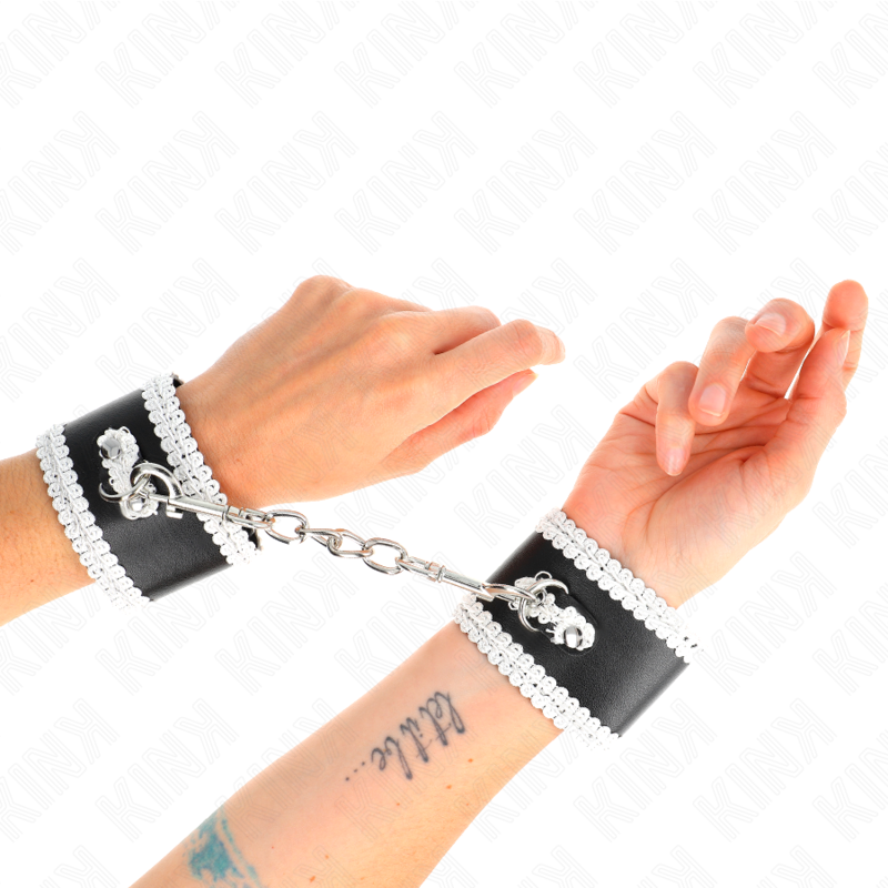 Kink Wrist Restraint Kink - Black Wrist Restraints With White Decorate Lace Adjsutable 20-23 Cm X 5.5 Cm