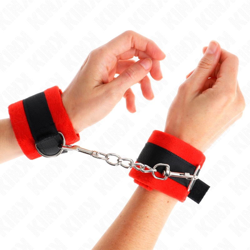 Kink Wrist Restraint Kink - Beginner Fur Hand Cuffs Black-Red 30 X 7 Cm
