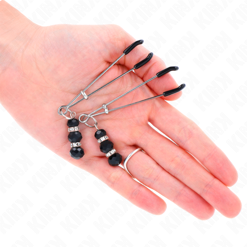 Kink Nipple Grip Kink - Gold Thin Nipple Clamps With 3 Black Glass Beads 7 Cm