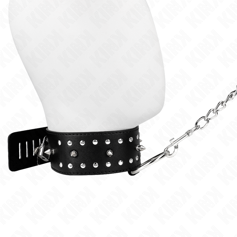 Kink Collar & Gag Kink - Necklace With Leash 65 Cm With Silver Studs Model 1 Adjustable 36-43 Cm X 5 Cm