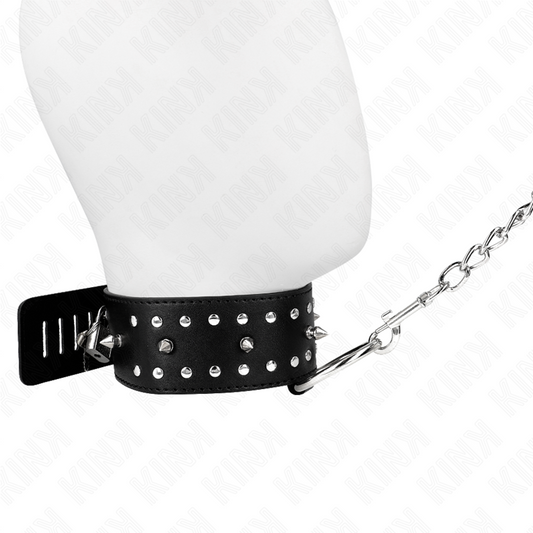 Kink Collar & Gag Kink - Necklace With Leash 65 Cm With Silver Studs Model 1 Adjustable 36-43 Cm X 5 Cm