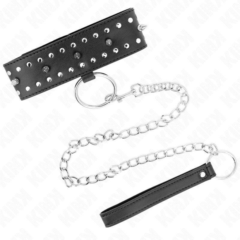 Kink Collar & Gag Kink - Necklace With Leash 65 Cm With Silver Studs Model 1 Adjustable 36-43 Cm X 5 Cm