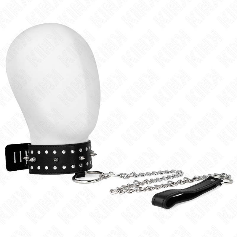 Kink Collar & Gag Kink - Necklace With Leash 65 Cm With Silver Studs Model 1 Adjustable 36-43 Cm X 5 Cm