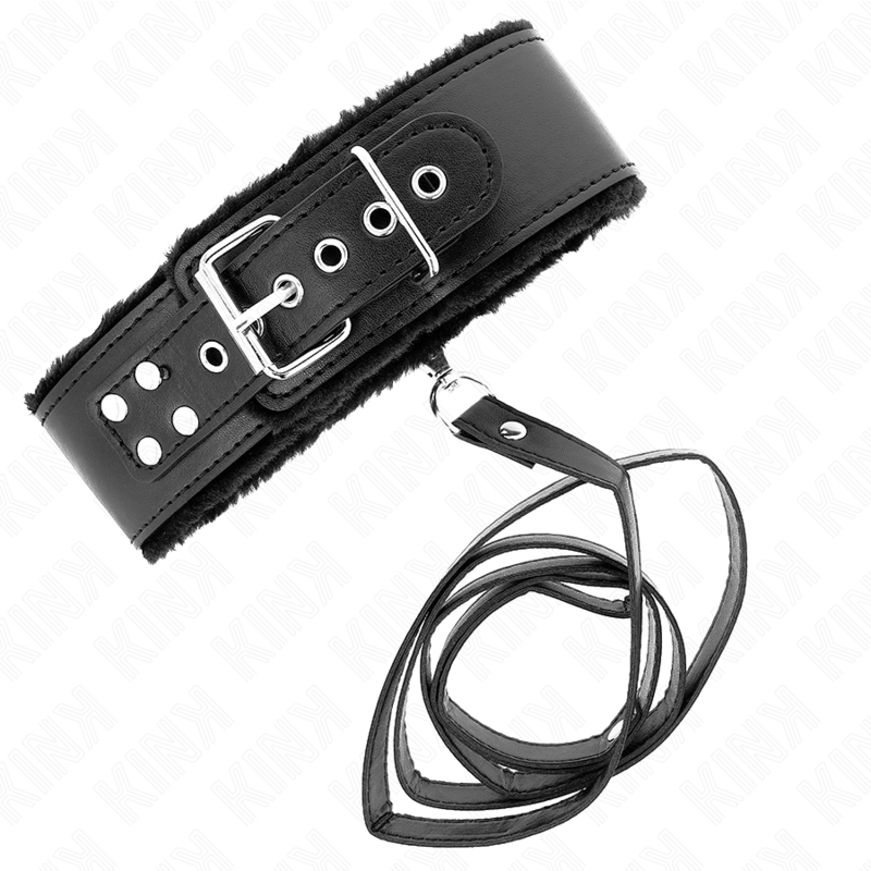 Kink Collar & Gag Kink - Necklace With Leash 116 Cm With Silver Studs Model 4 Black Adjustable 40-48 Cm X 6 Cm