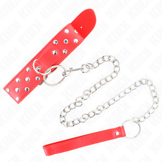 Kink Collar & Gag Kink - Ring Rivet Strap Necklace With Belt 65 Cm Red Adjustable 36-50 Cm X 3.8 Cm