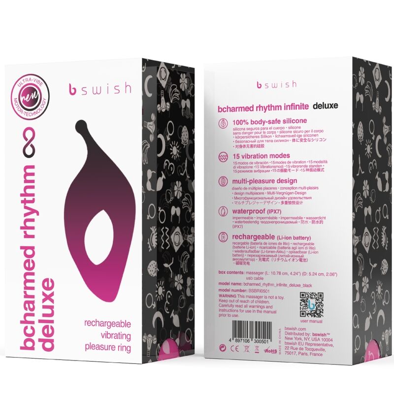 B Swish Bcharmed Rhythm Infinite Deluxe Penis Ring 15 Vibrations Black