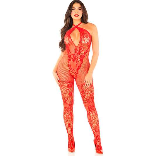Leg Avenue Bodystockings Leg Avenue - Flower Print Mesh Bodystocking Red One Size