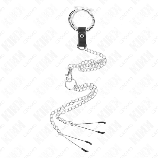 Kink Ring Power Kink - Triple Chrome Metal Penis Ring 3 Cm To 4.5 Cm With 26 Cm Metal Chain And Nipple Clips