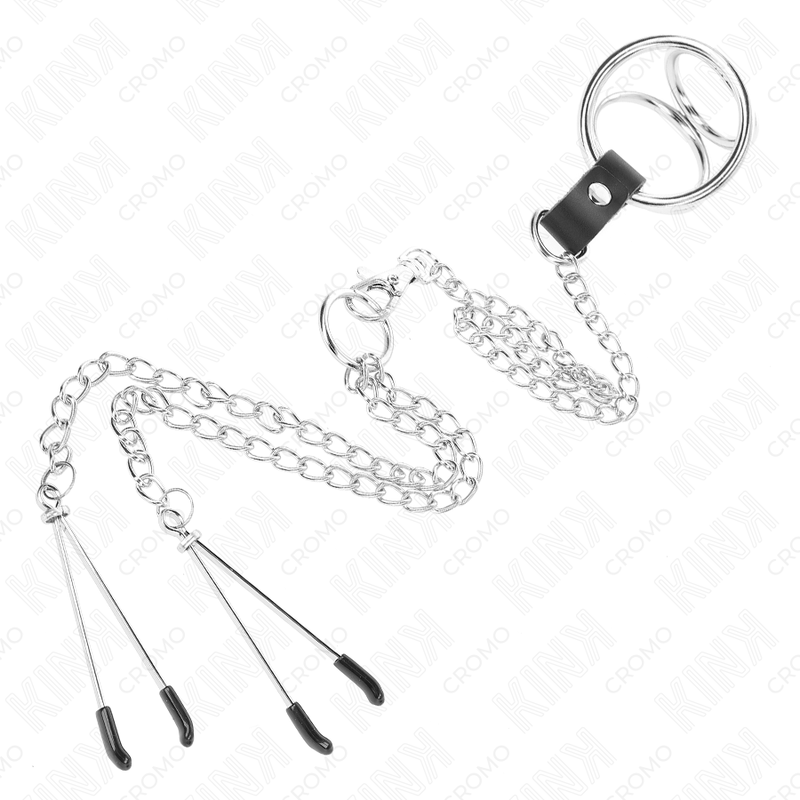 Kink Ring Power Kink - Triple Chrome Metal Penis Ring 3 Cm To 4.5 Cm With 26 Cm Metal Chain And Nipple Clips