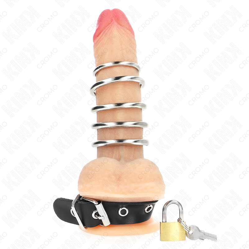 Kink Ring Power Kink - Leather Penis Ring With Lock Strap 21 X 2 Cm And 5 Metal Rings From 3 Cm To 4 Cm