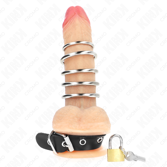 Kink Ring Power Kink - Leather Penis Ring With Lock Strap 21 X 2 Cm And 5 Metal Rings From 3 Cm To 4 Cm