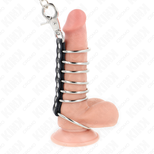 Kink Ring Power Kink - 7 Metal Penis Rings 3.8 Cm To 5 Cm Connected With Leather And Metal Chain 100 Cm