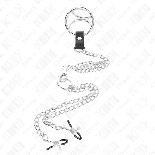 Kink Ring Power Kink - Triple Chrome Metal Penis Ring 3.8 Cm To 5 Cm With 26 Cm Metal Chain And Nipple Clamps Model 1
