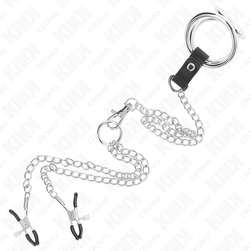 Kink Ring Power Kink - Triple Chrome Metal Penis Ring 3 Cm To 4.5 Cm With 26 Cm Metal Chain And Nipple Clips