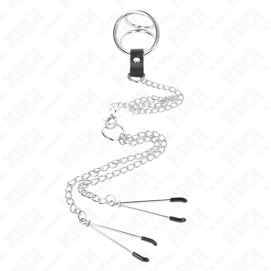 Kink Ring Power Kink - Triple Chrome Metal Penis Ring 3.8 Cm To 5 Cm With 26 Cm Metal Chain And Nipple Clamps Model 2