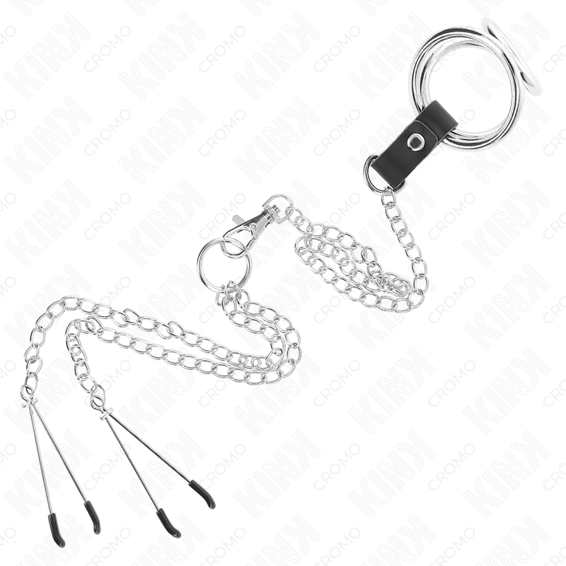 Kink Ring Power Kink - Triple Chrome Metal Penis Ring 3.8 Cm To 5 Cm With 26 Cm Metal Chain And Nipple Clamps Model 2