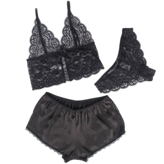 Subblime Sets Subblime - 953911 Silk And Lace Nightgown + Panties Black S/M