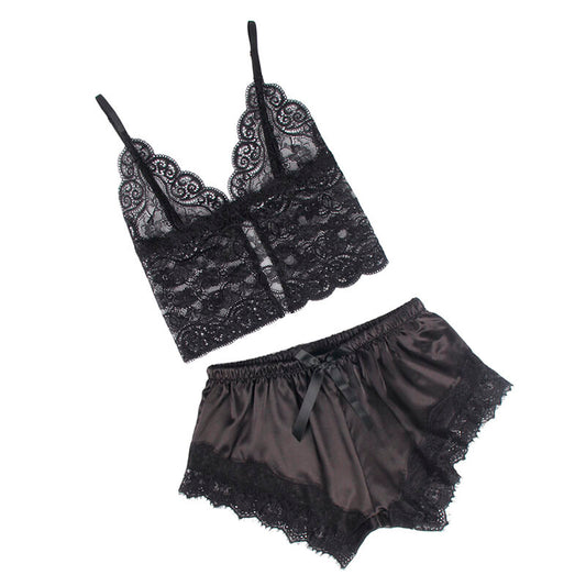 Subblime Sets Subblime - 953942 Casual Silk Nightgown + Lace Pants Black L/Xl
