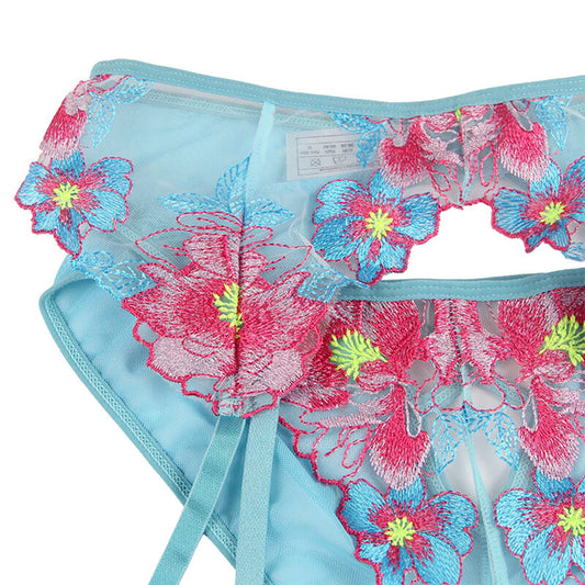 Subblime Sets Subblime - 954116 Bra + Panties With Garter Belt Floral Design Blue L/Xl