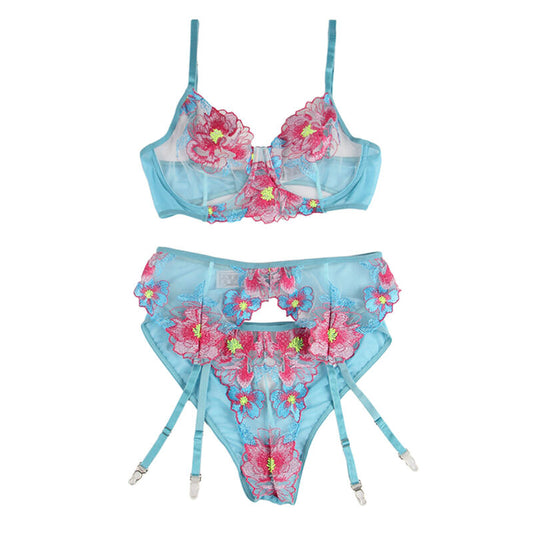 Subblime Sets Subblime - 954116 Bra + Panties With Garter Belt Floral Design Blue L/Xl