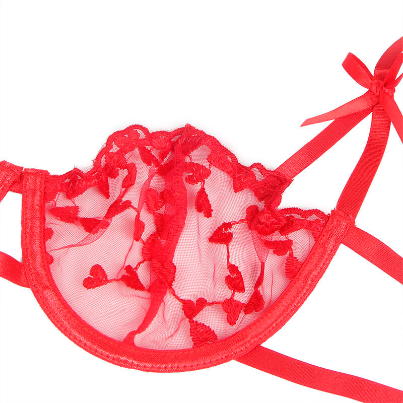 Subblime Sets Subblime - 954321 Heart Print Bra + Thong + Garter Belt Red S/M