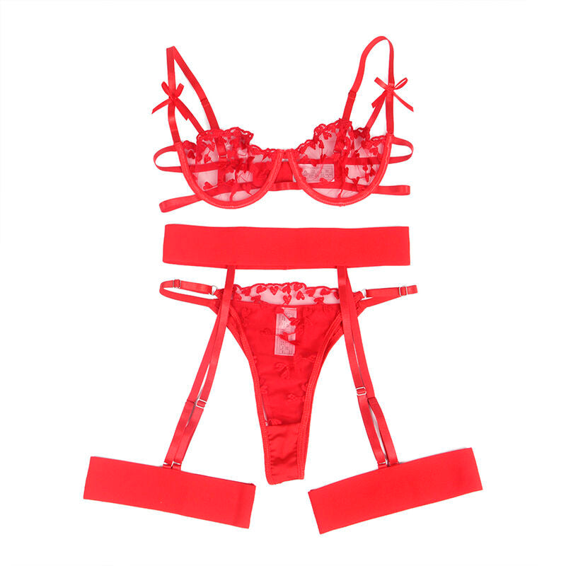 Subblime Sets Subblime - 954321 Heart Print Bra + Thong + Garter Belt Red S/M