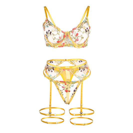 Subblime Sets Subblime - 954352 Bra + Thong + Garter Belt Floral Design Yellow L/Xl