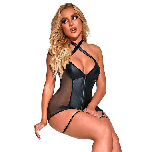 Subblime Dresses Subblime - 954444 Sexy Mesh Dress Leather Black S/M