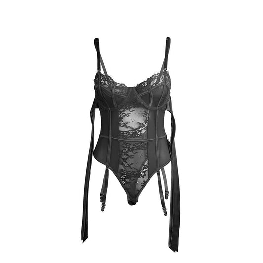 Subblime Bodies Subblime - 955502 Lace Bodysuit With Bows And Garters Black L/Xl