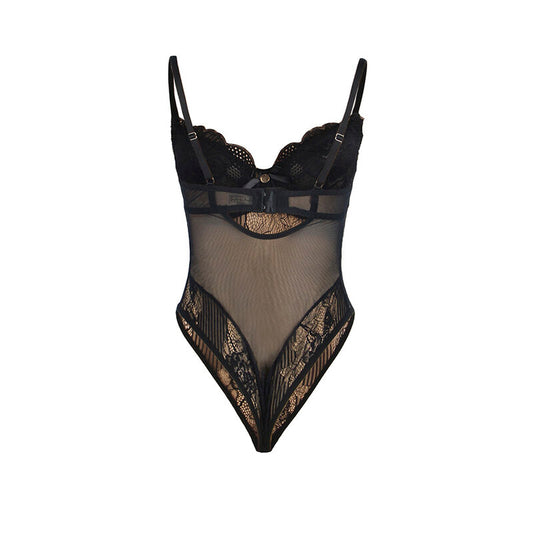 Subblime Bodies Subblime - 955618 Lace Bodysuit With Bottom Closure Black S/M