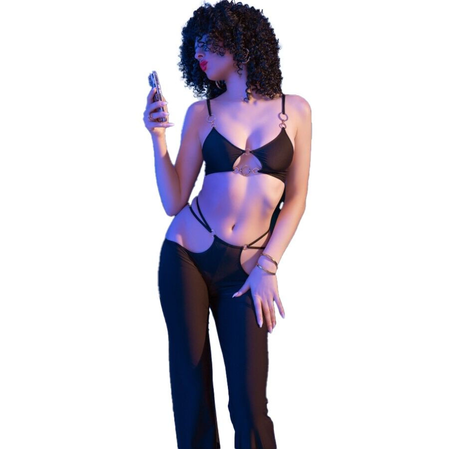 Chilirose Sets Chilirose - Cr 4851 Set Top Negro Y Leggins Con Complementos Dorados