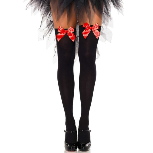Leg Avenue Hosiery Leg Avenue - Black Nylon Thigh Highs With Red Bow One Size