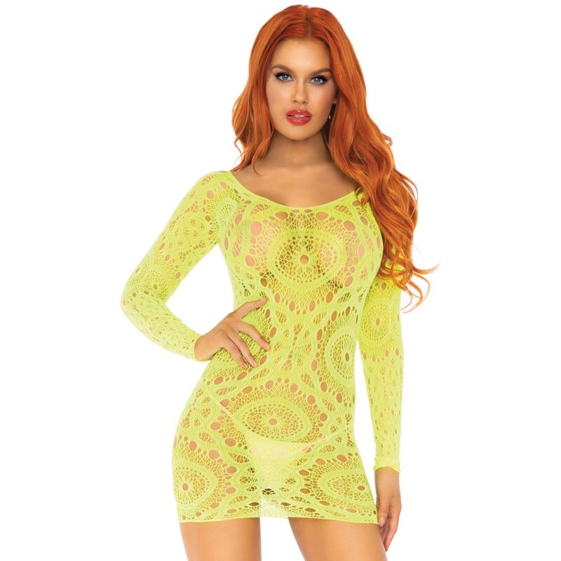 Leg Avenue Dresses Leg Avenue - Crochet Lace Long Sleeve Mini Dress Neon One Size